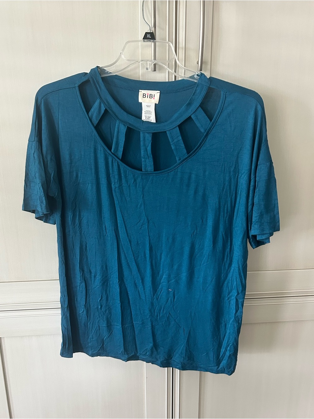 BiBi Teal Short Sleeve Top with Cutout Neckline